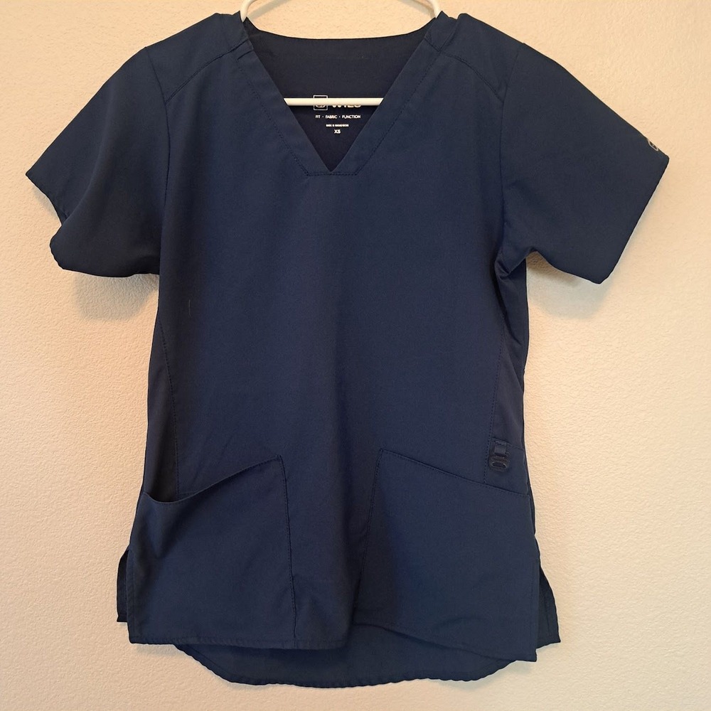 Wink W123 Womens Navy Blue V-Neck Scrub Top XS Short Sleeve Pockets